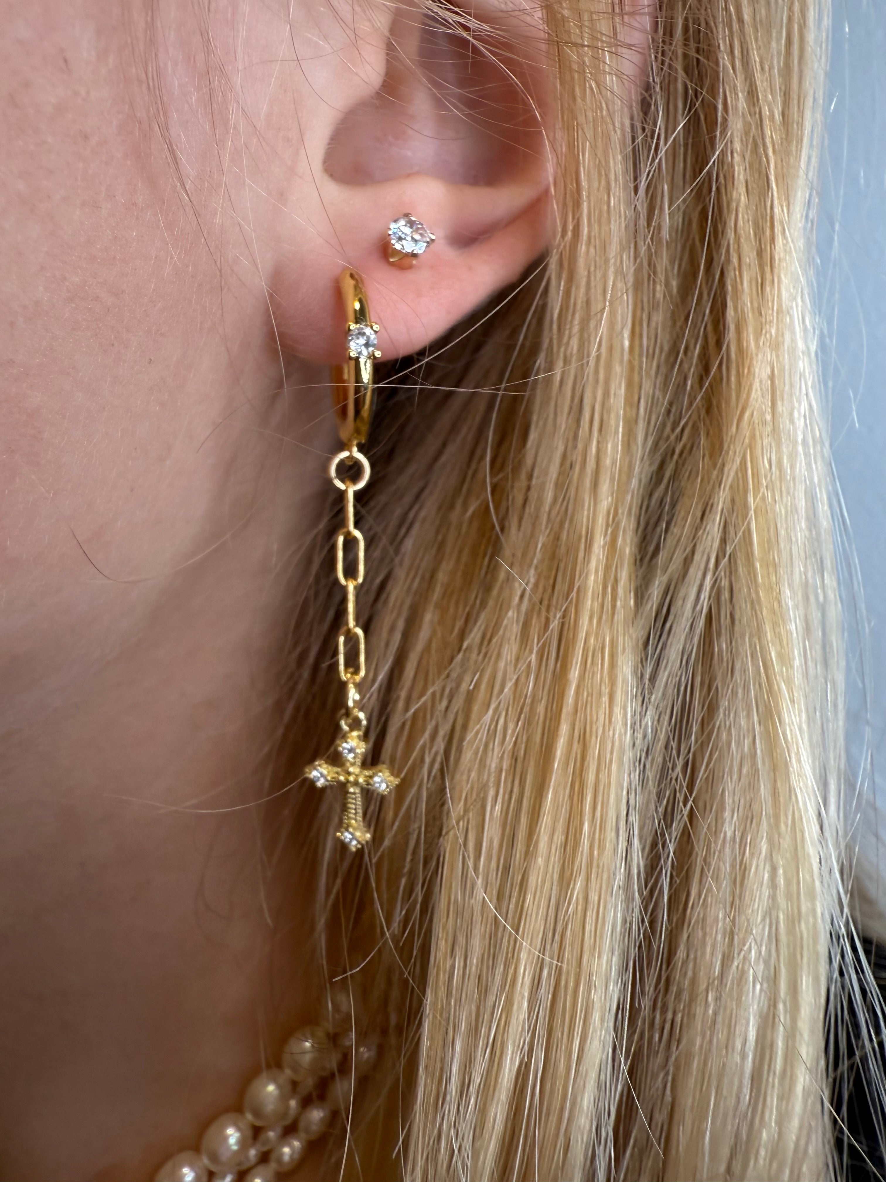 "The Linus" Huggie with Cross Earrings