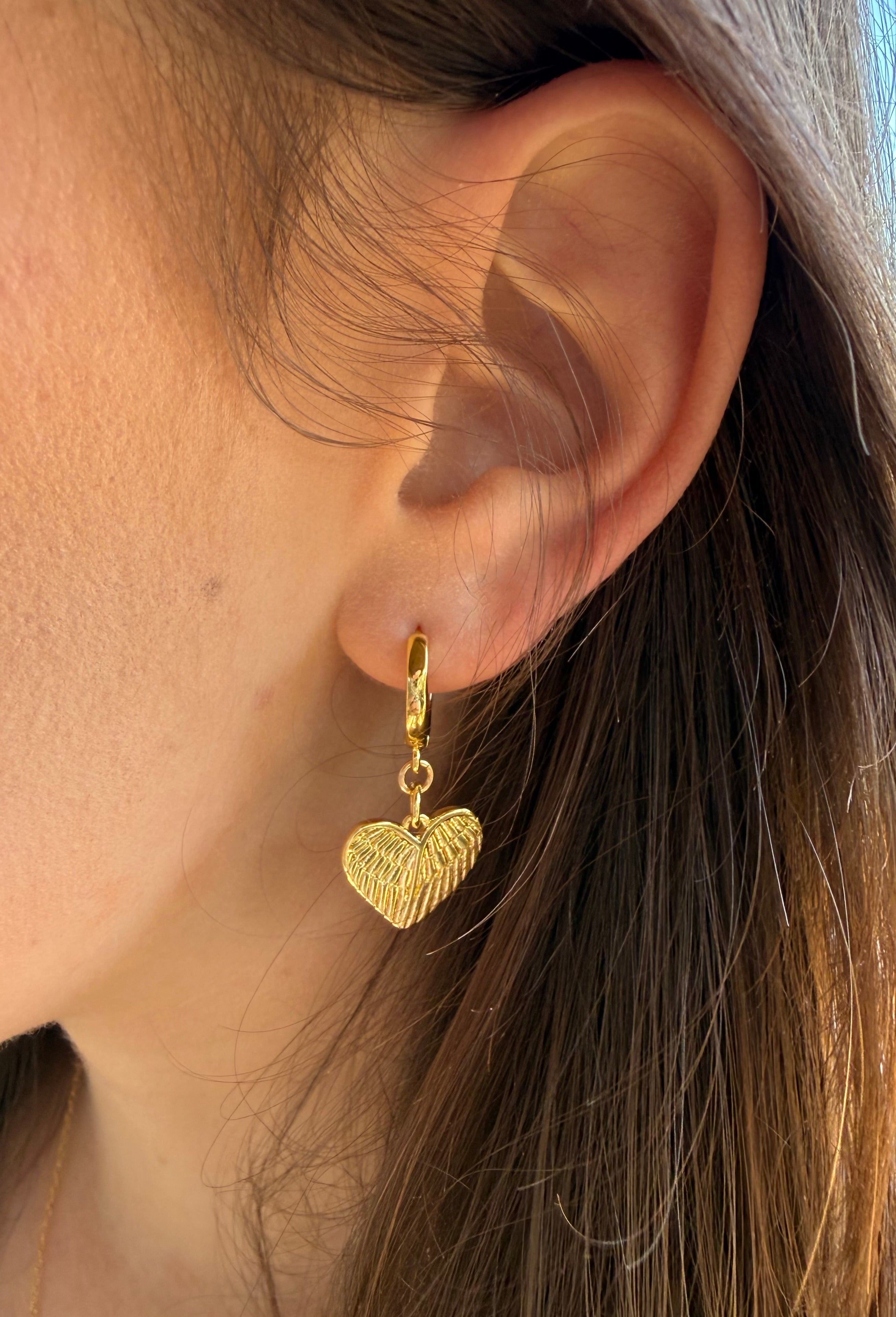 The Agnes- Winged Heart Drop Huggies Earrings