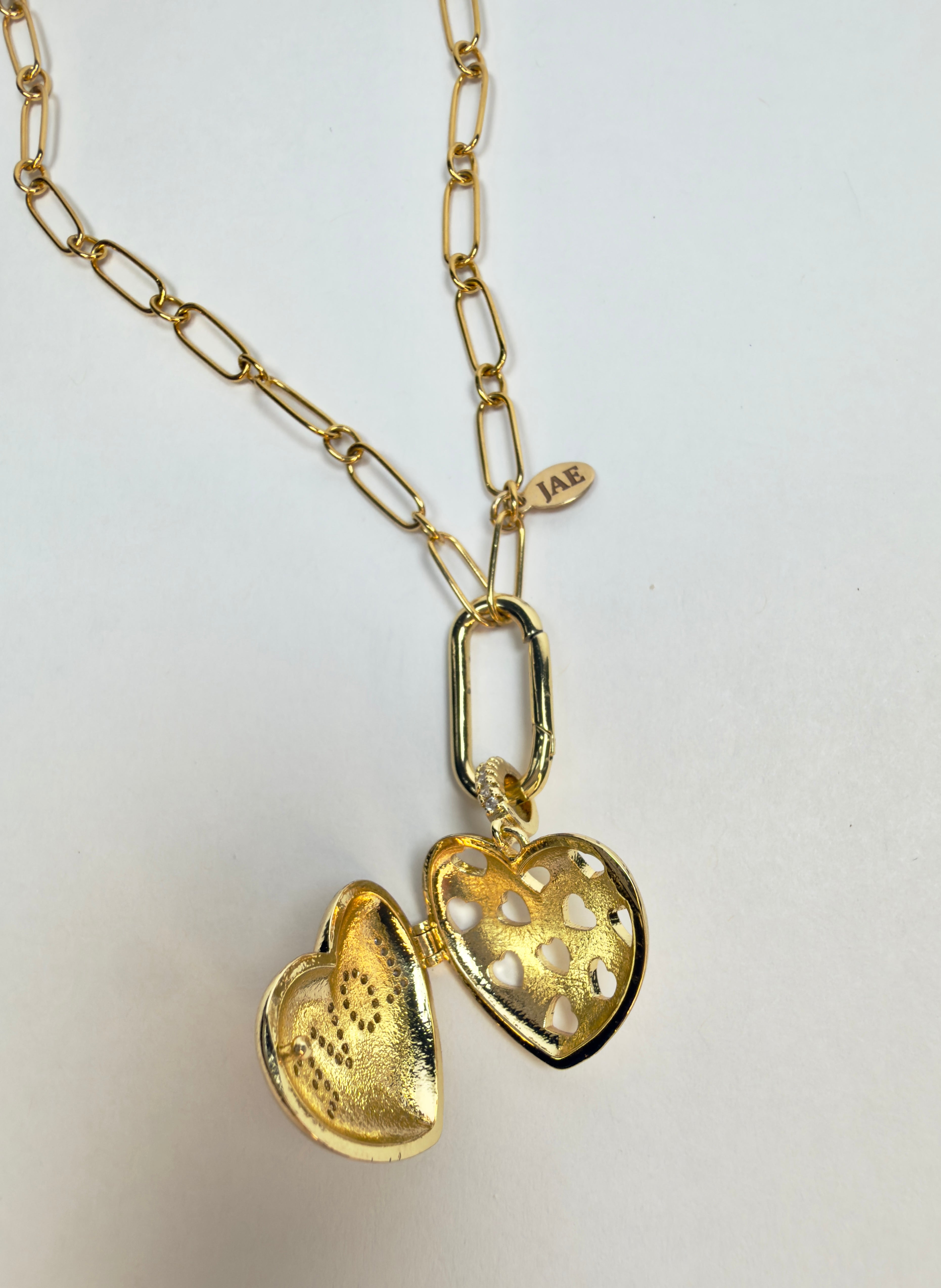 The Kaaren Necklace -  Paperclip and Cable Chain with Carabiner Clasp and Love Heart Locket Charm