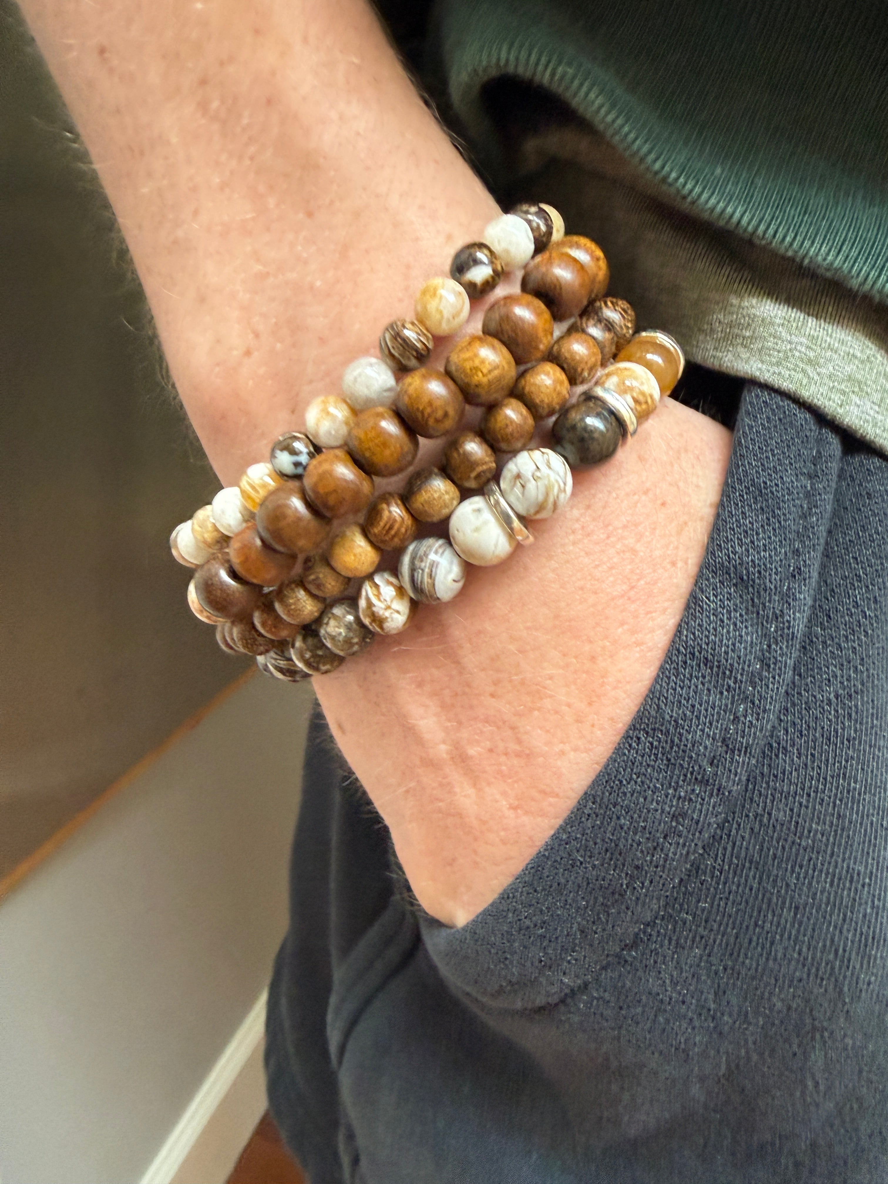 The Frey - Half and Half Petrified Wood and Brown Wood Beaded Bracelet with Sterling Accent