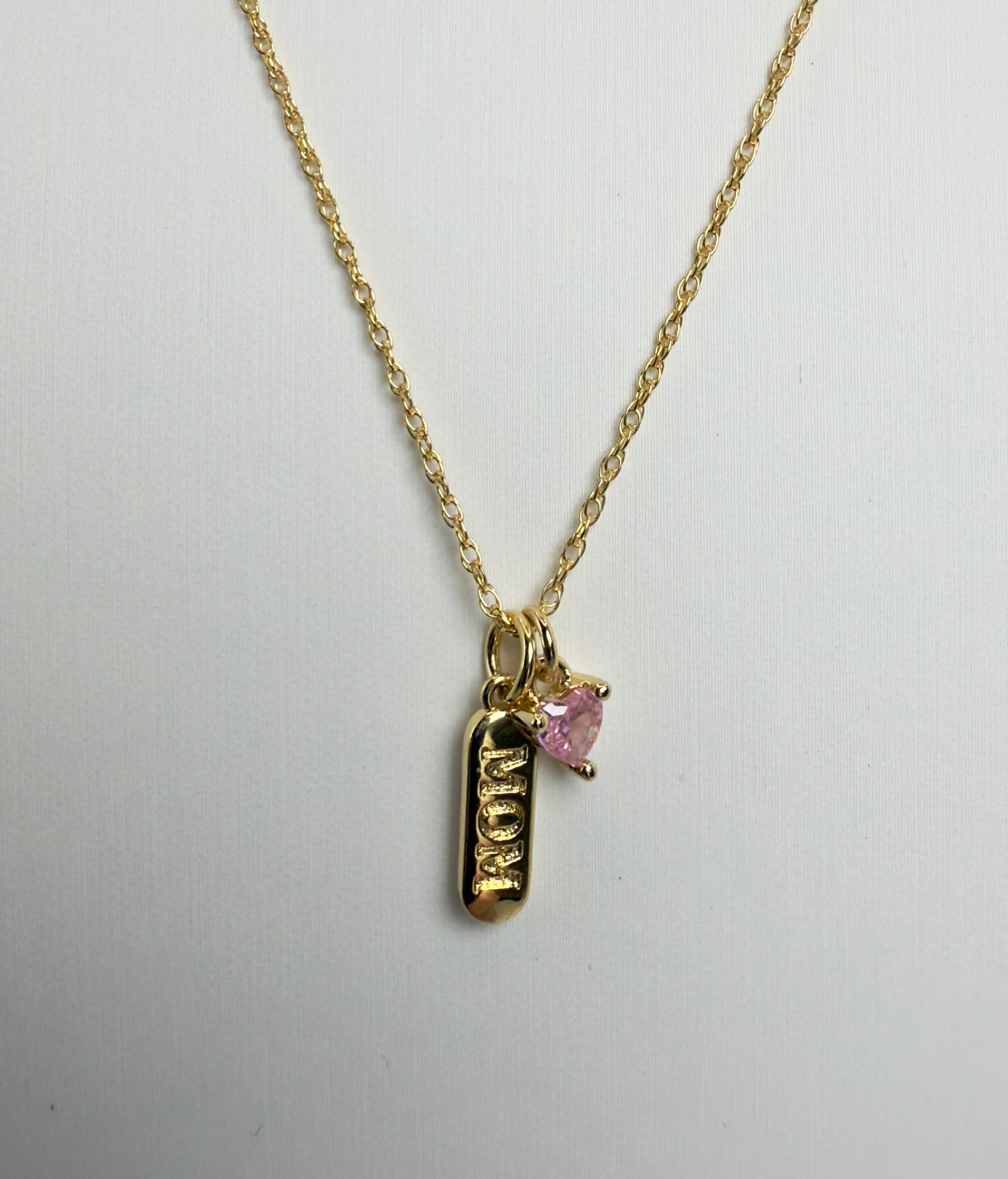 Mom Mini Dog Tag with Pink Heart CZ Charm Necklace