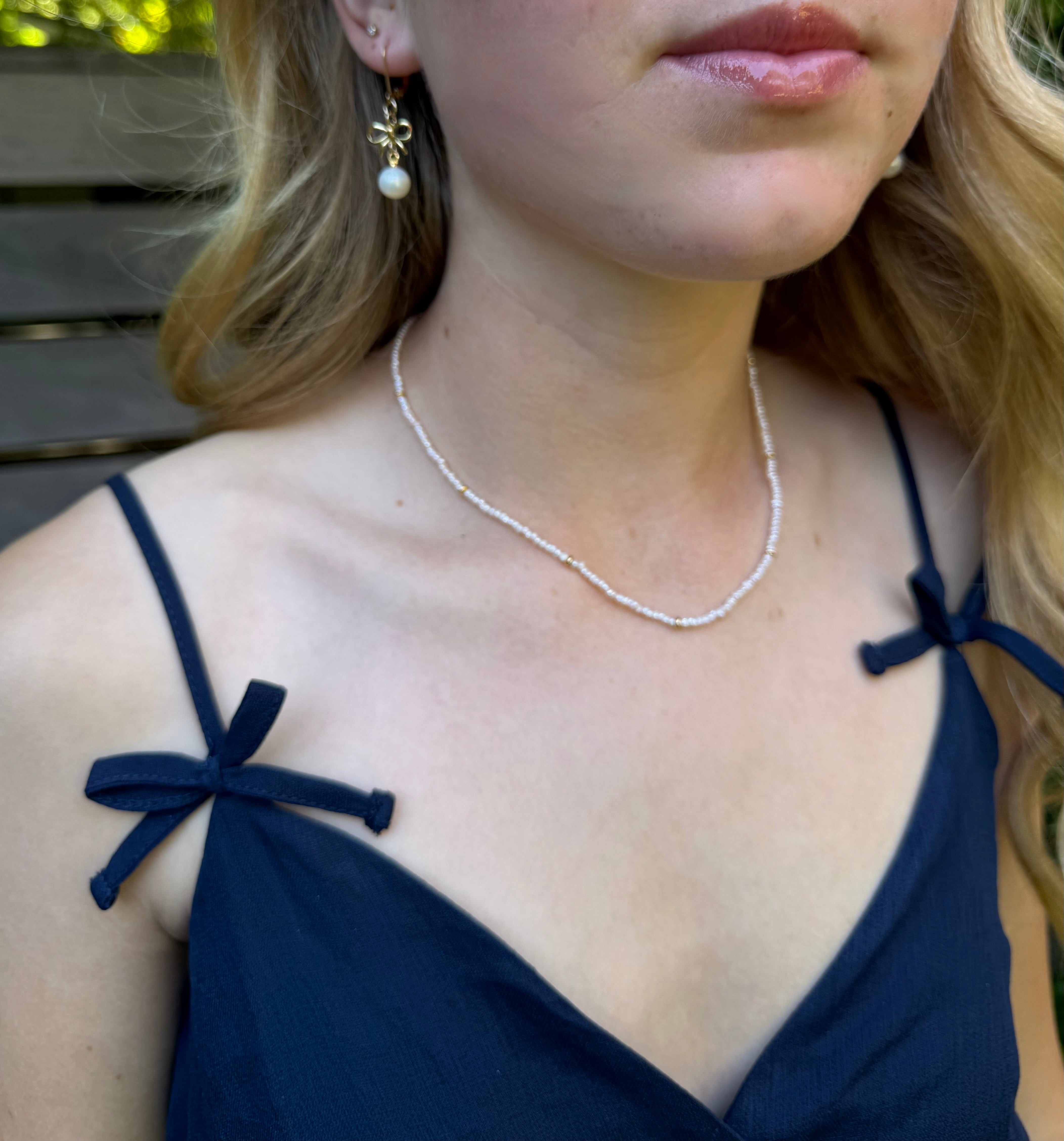 The Elizabeth - Tiny Freshwater Pearl and Gold Station Bead Necklace