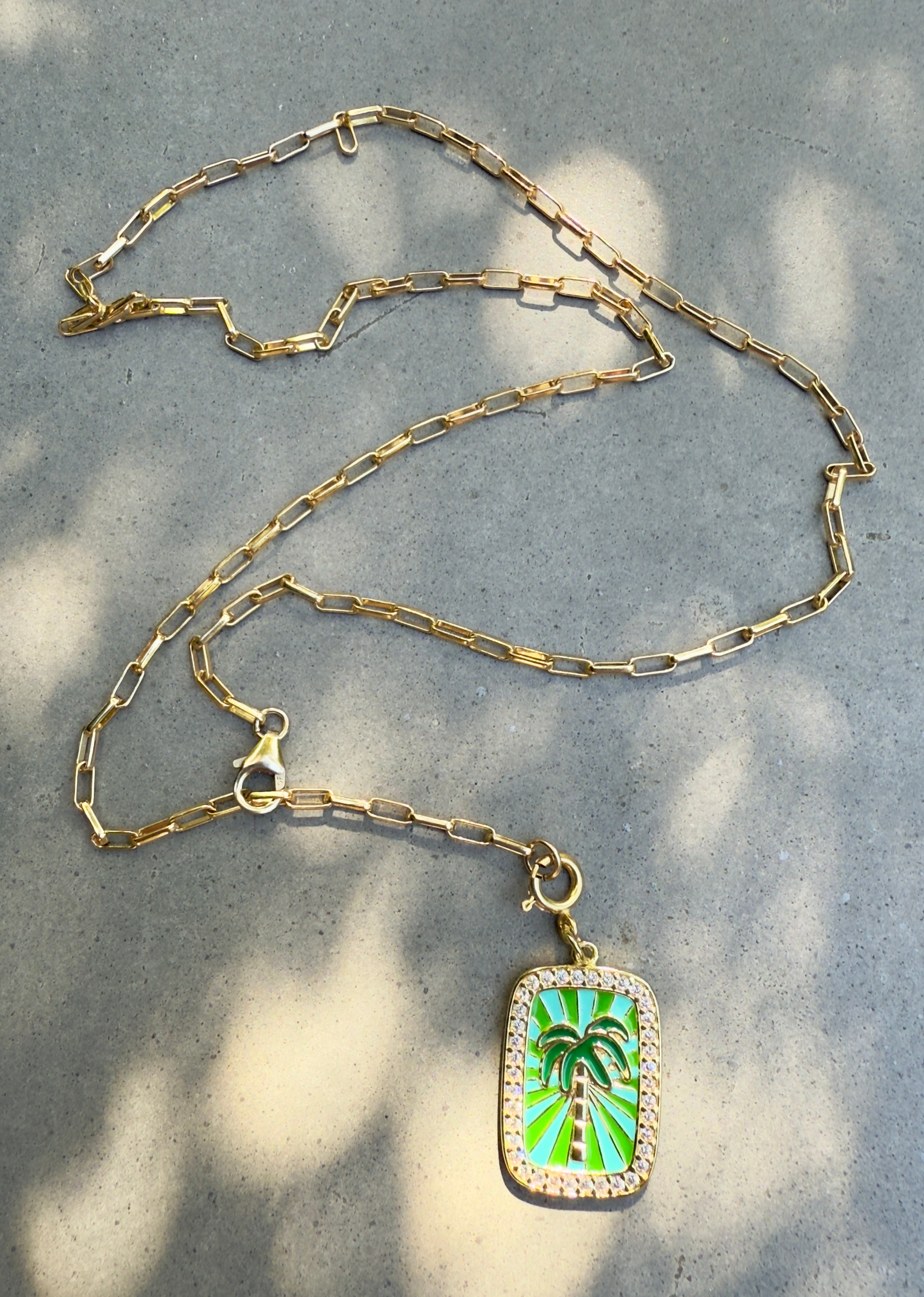 Enamel Palm Tree Lariat Charm Necklace - Adjustable 22" Chain