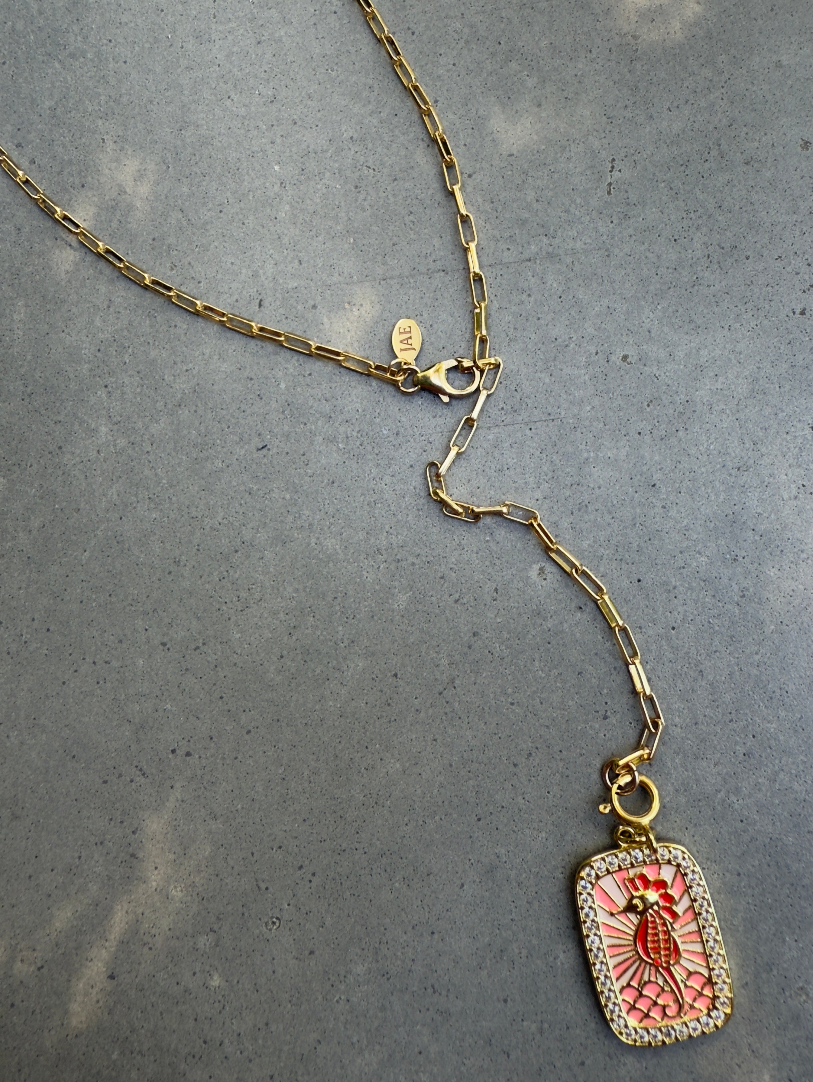 Enamel Seahorse Lariat Charm Necklace - Adjustable 22" Chain