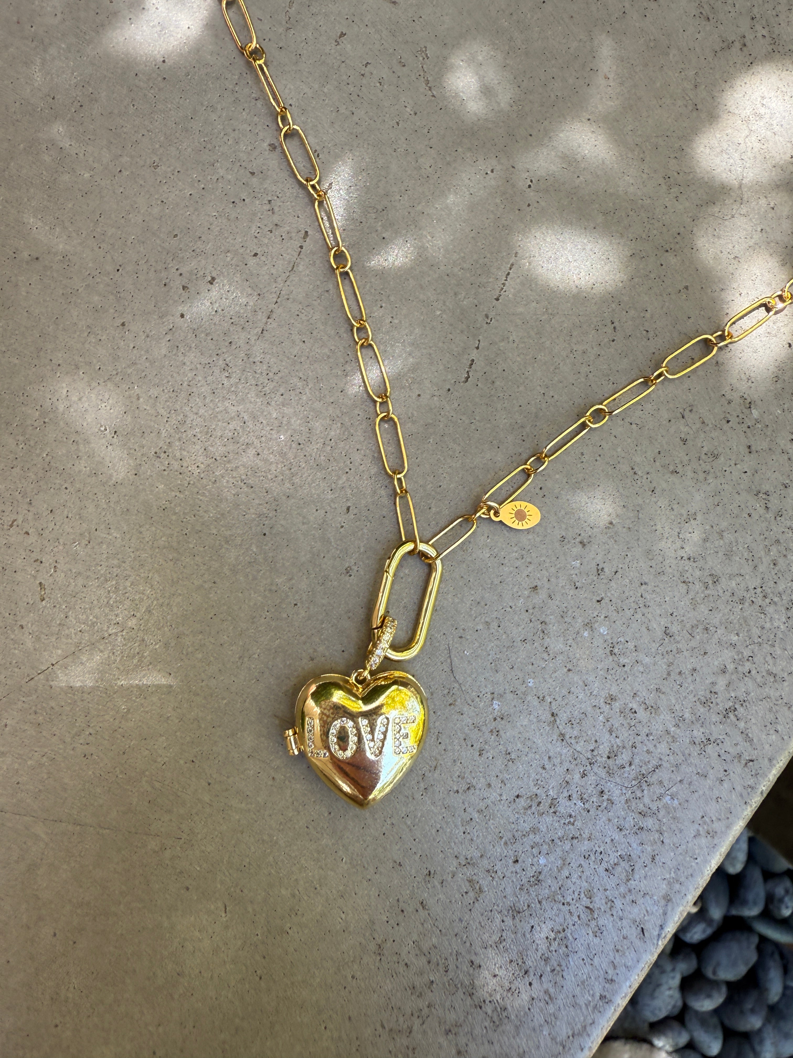 The Kaaren Necklace -  Paperclip and Cable Chain with Carabiner Clasp and Love Heart Locket Charm