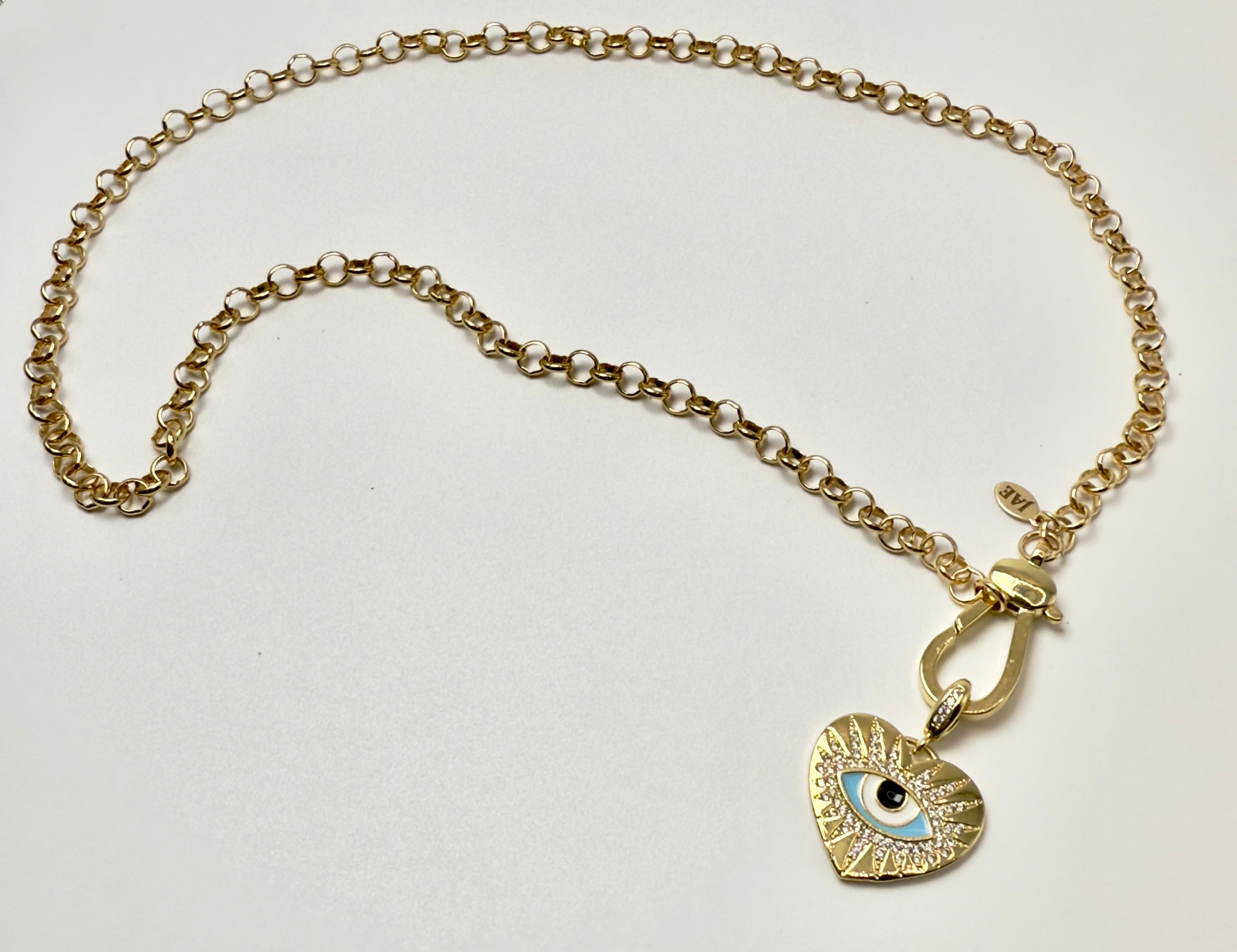 The Luna - Rolo Chain with Giant Clasp and Enamel and Cubic Zirconia Evil Eye Hear Pendant