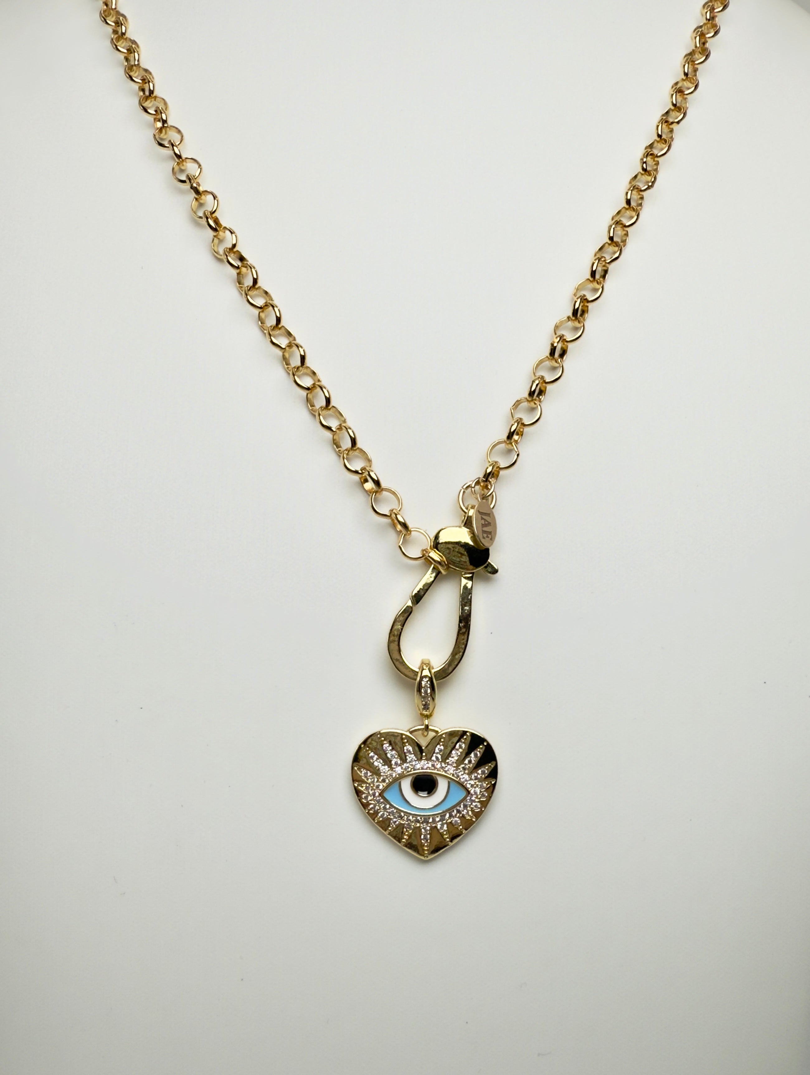 The Luna - Rolo Chain with Giant Clasp and Enamel and Cubic Zirconia Evil Eye Hear Pendant