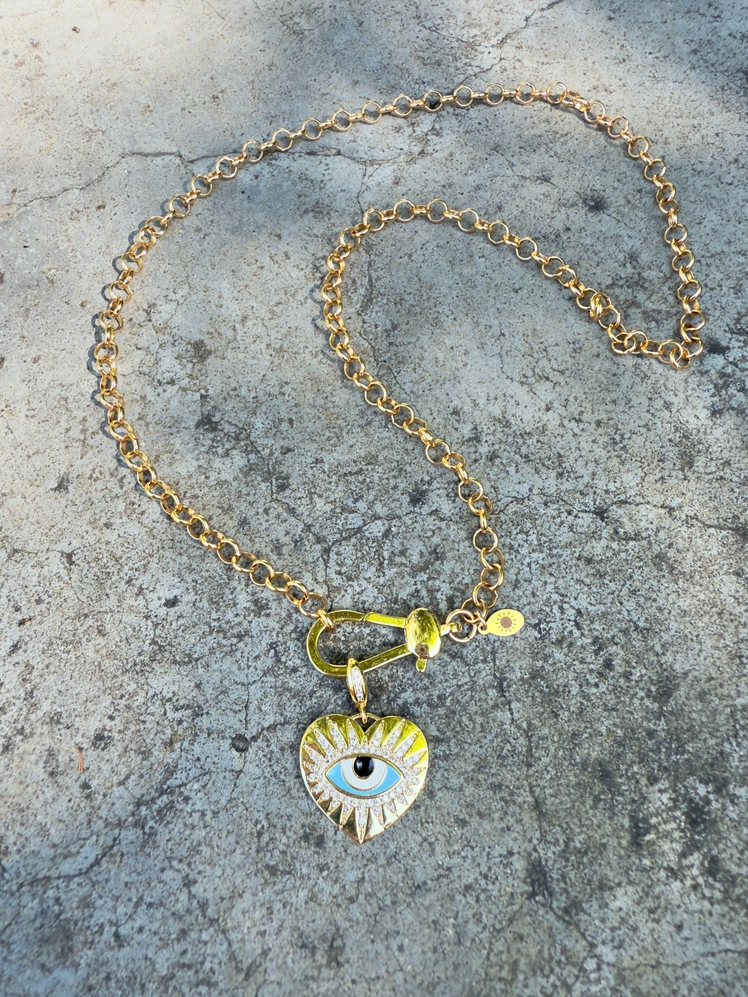 The Luna - Rolo Chain with Giant Clasp and Enamel and Cubic Zirconia Evil Eye Hear Pendant