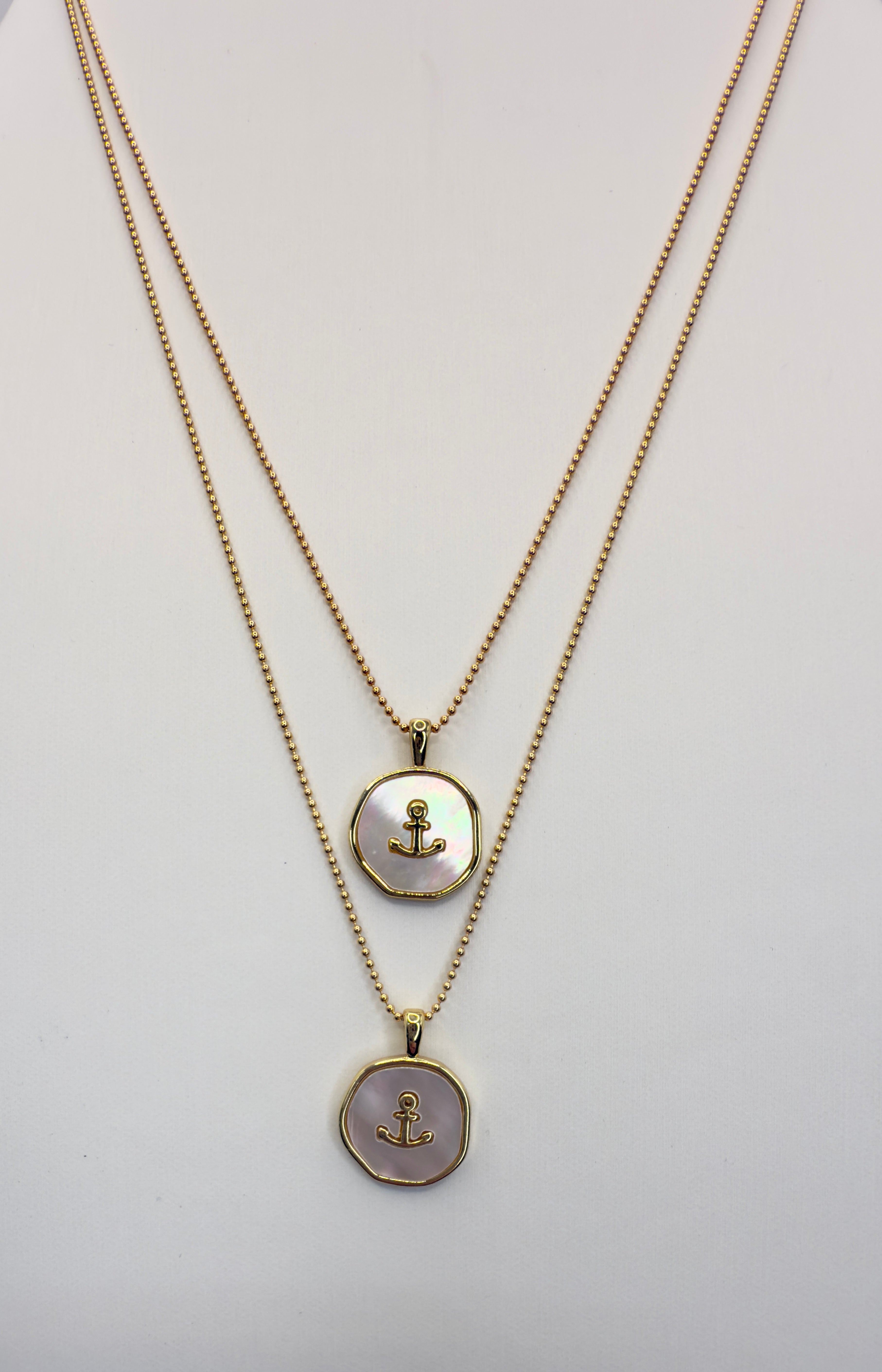 Mother of Pearl and Gold Anchor Medallion Necklace - 2 Adjustable Lengths Available