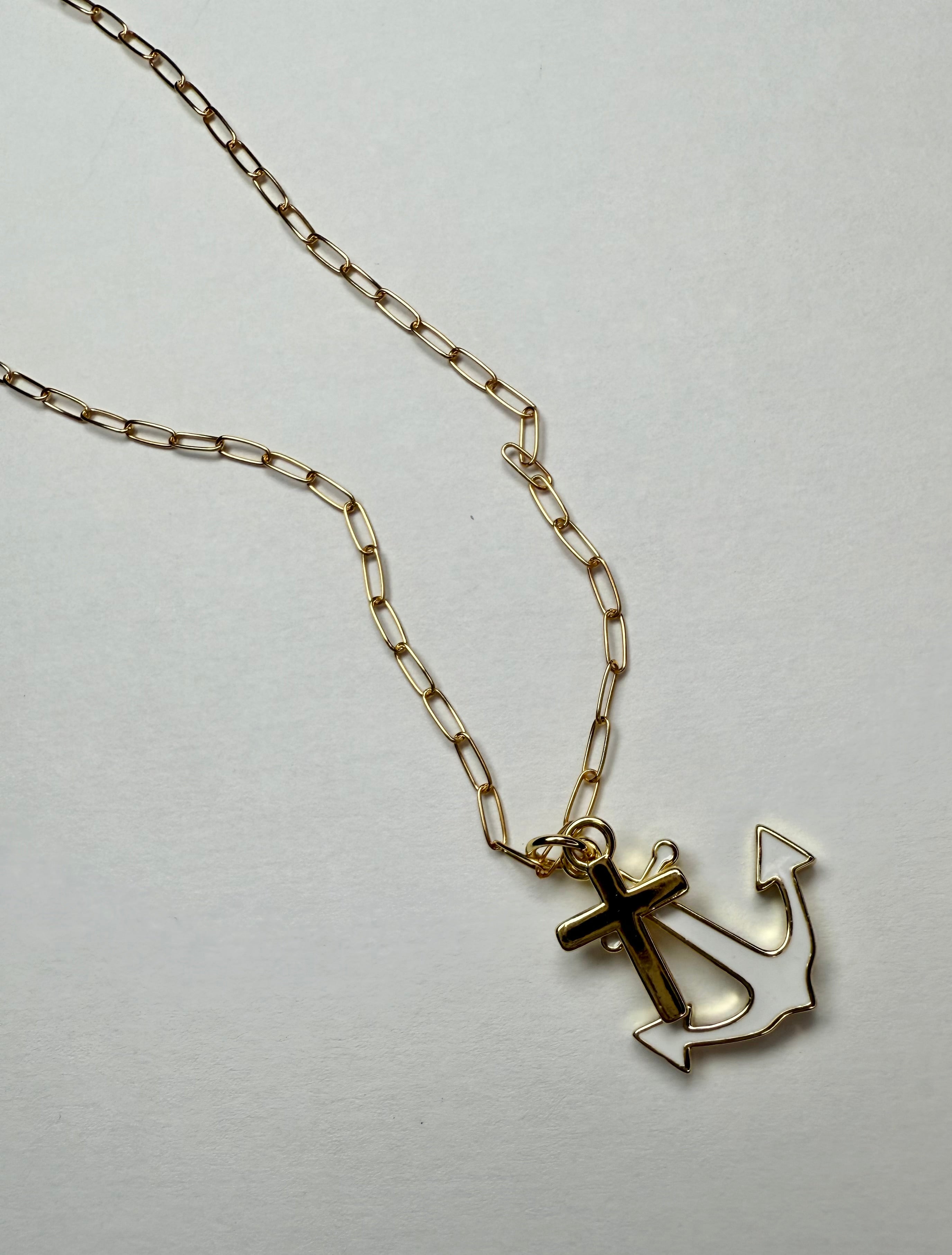 Enamel Anchor and Gold Cross Paperclip Chain Necklace - 4 Lengths Available