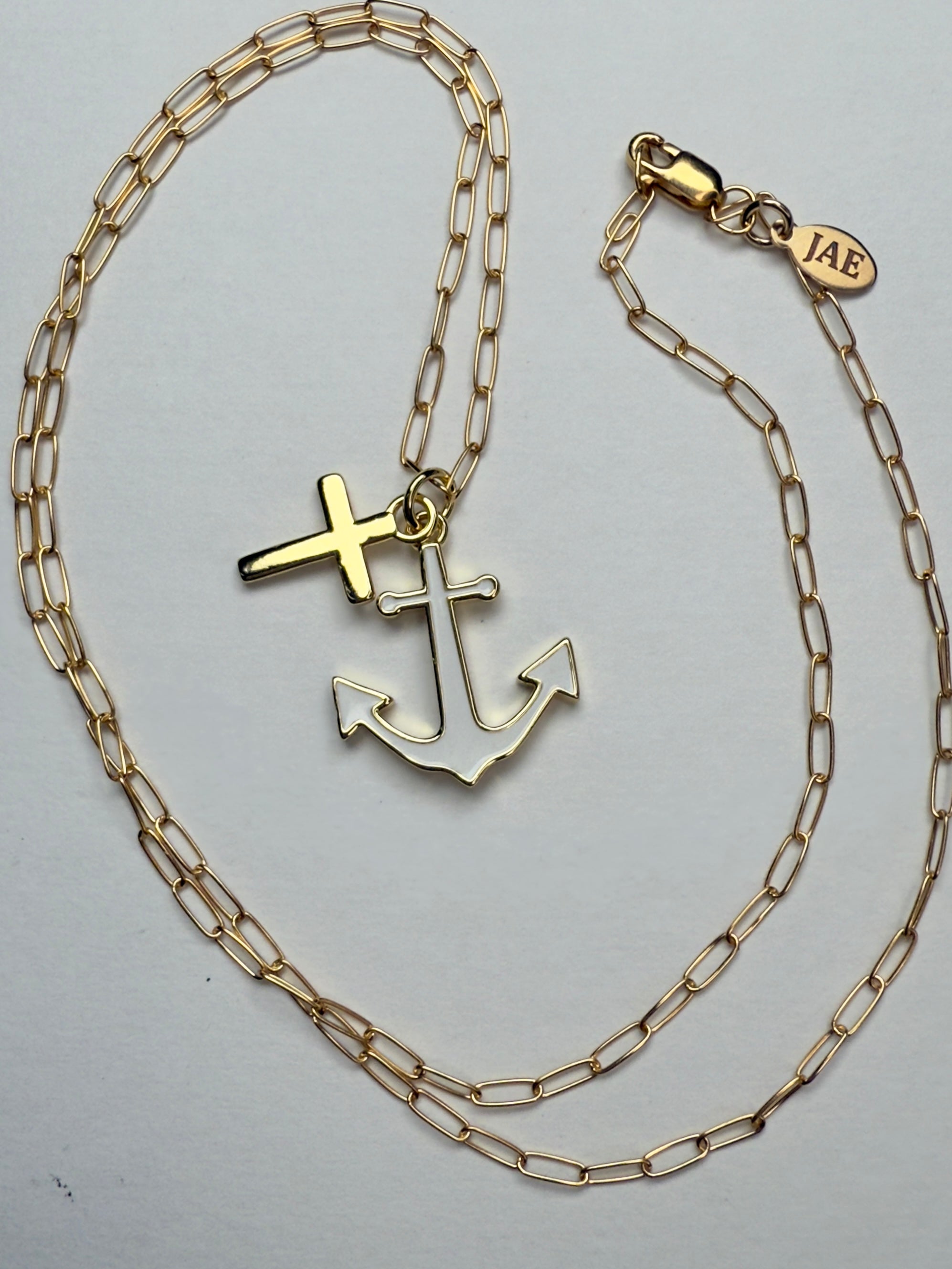 Enamel Anchor and Gold Cross Paperclip Chain Necklace - 4 Lengths Available