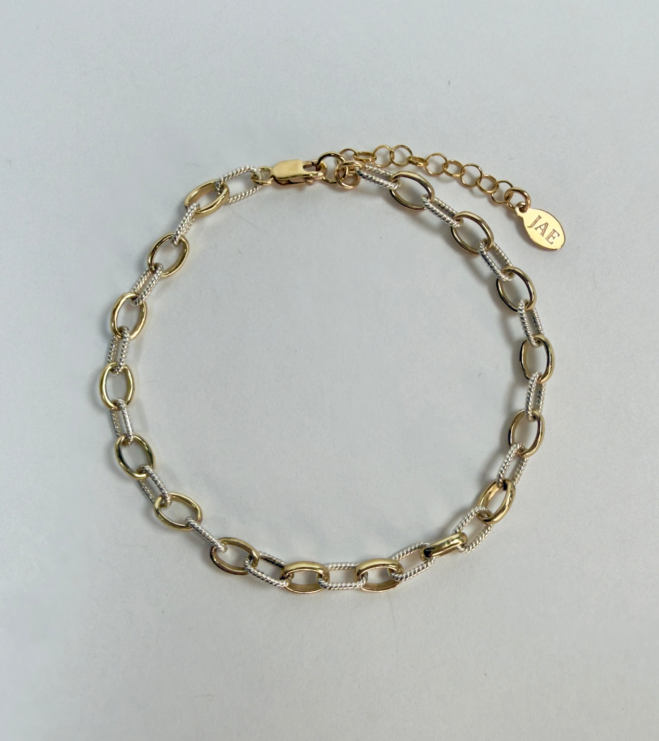 Twist Oval and Smooth Oval Link Mixed Metal Chain Bracelet -  Two Adjustable Sizes Available