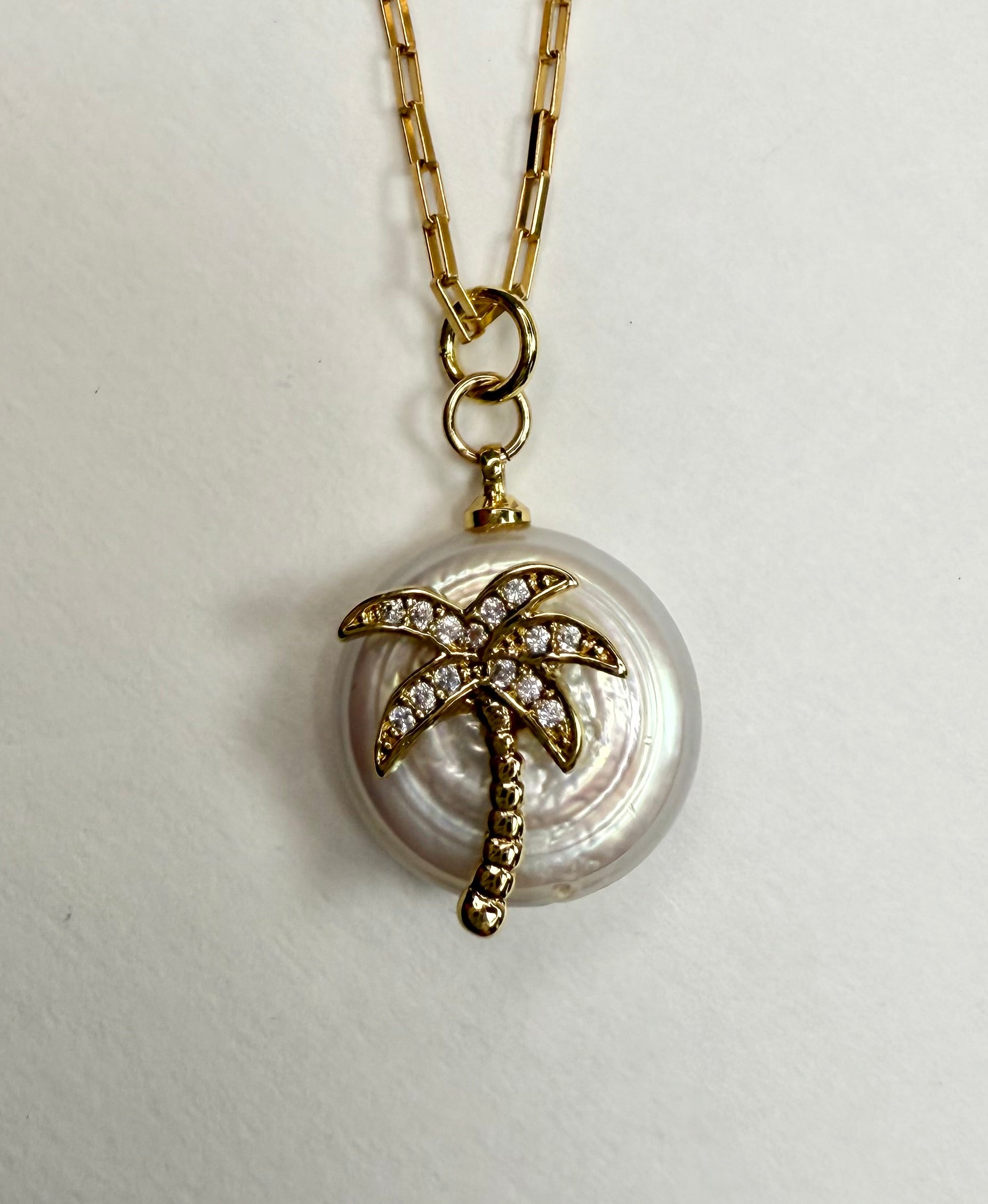 "The Billis" Pearl with Palm Tree Medallion Charm Necklace