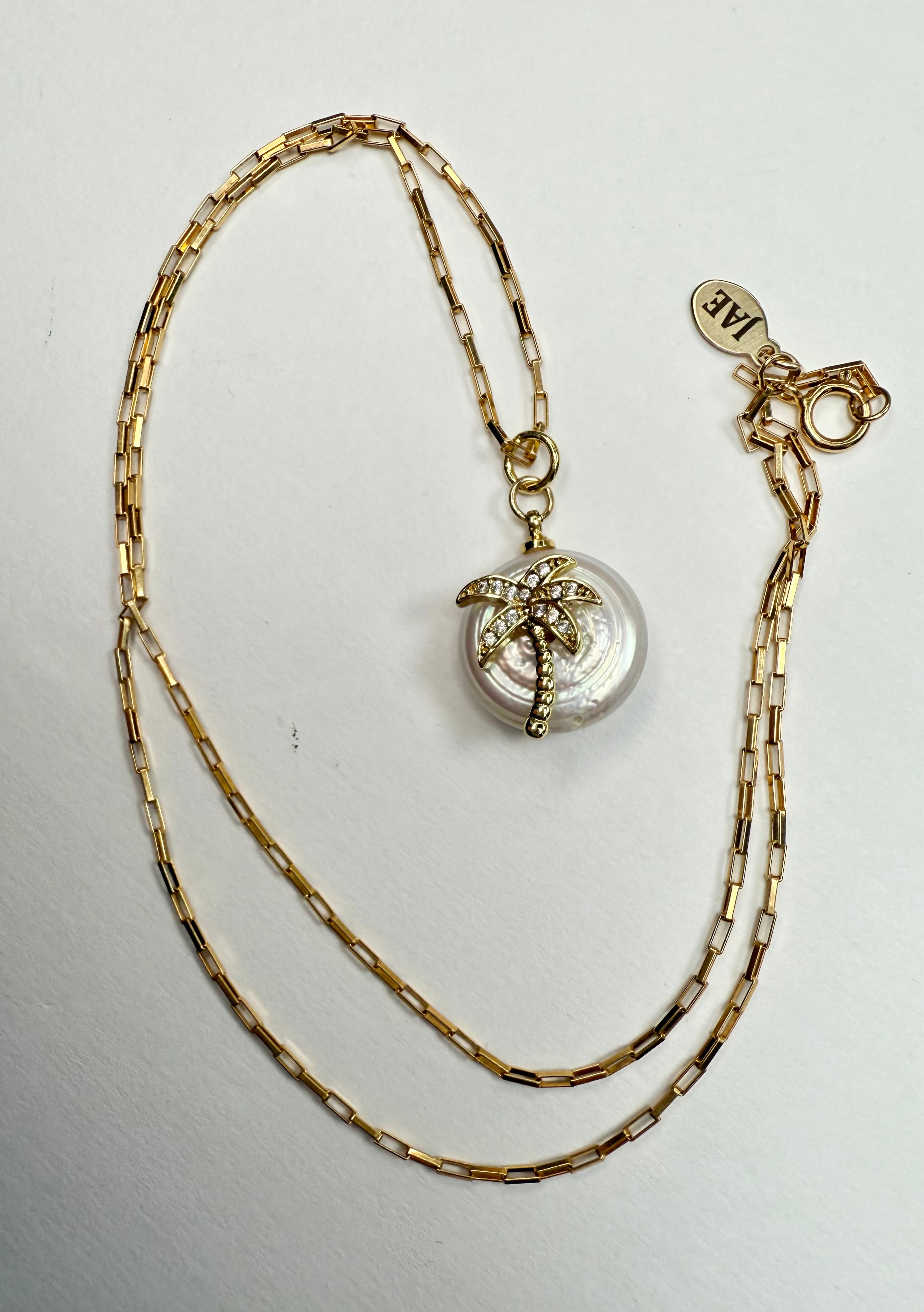 "The Billis" Pearl with Palm Tree Medallion Charm Necklace