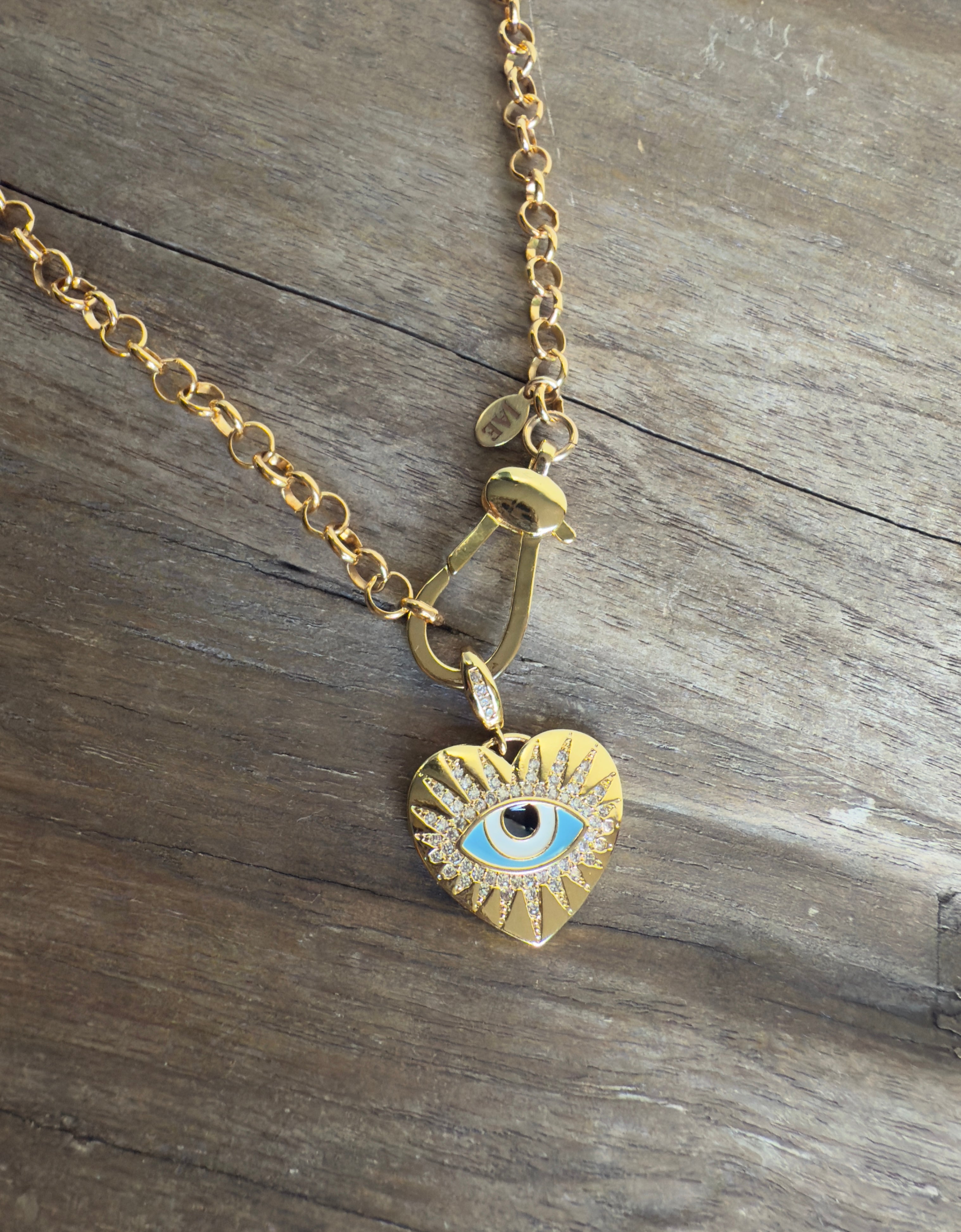 The Luna - Rolo Chain with Giant Clasp and Enamel and Cubic Zirconia Evil Eye Hear Pendant